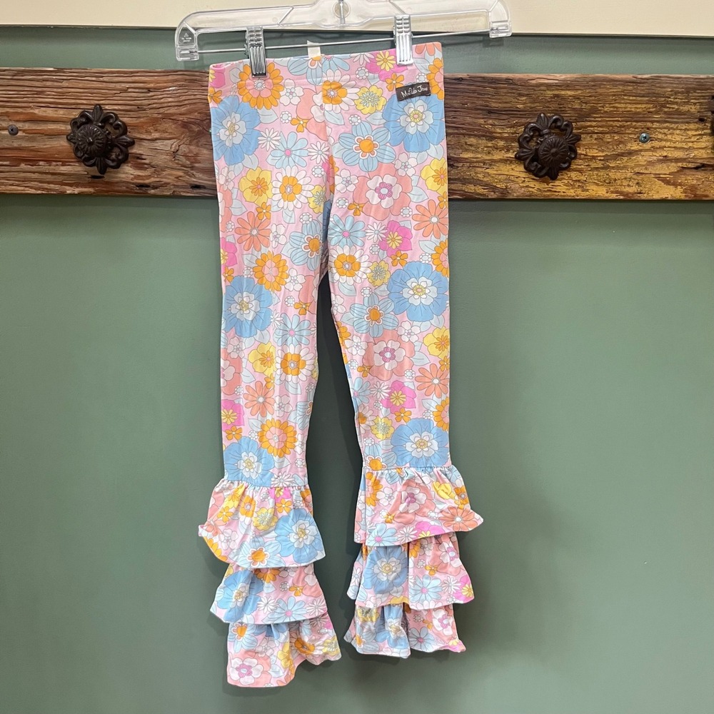 Matilda Jane Girls Floral Ruffle Bell Bottom Leggings Size 10 Pink Blue Daisy